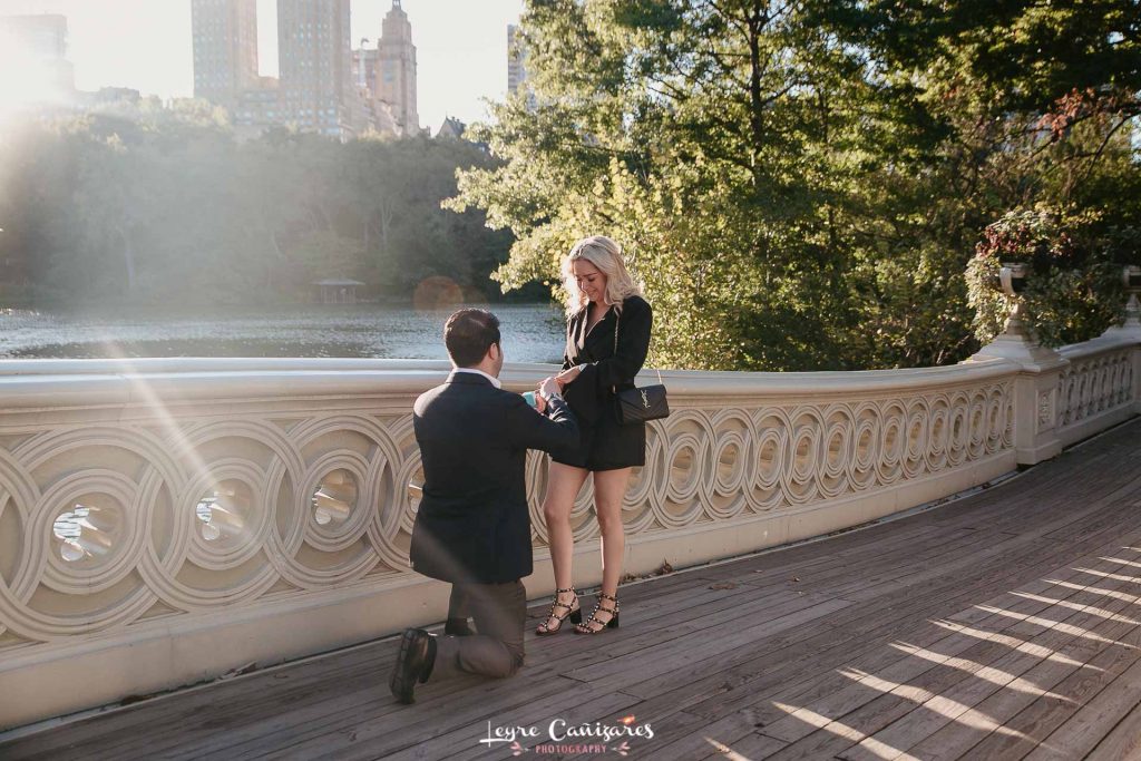 surprise proposal at the bow bridge in central park
