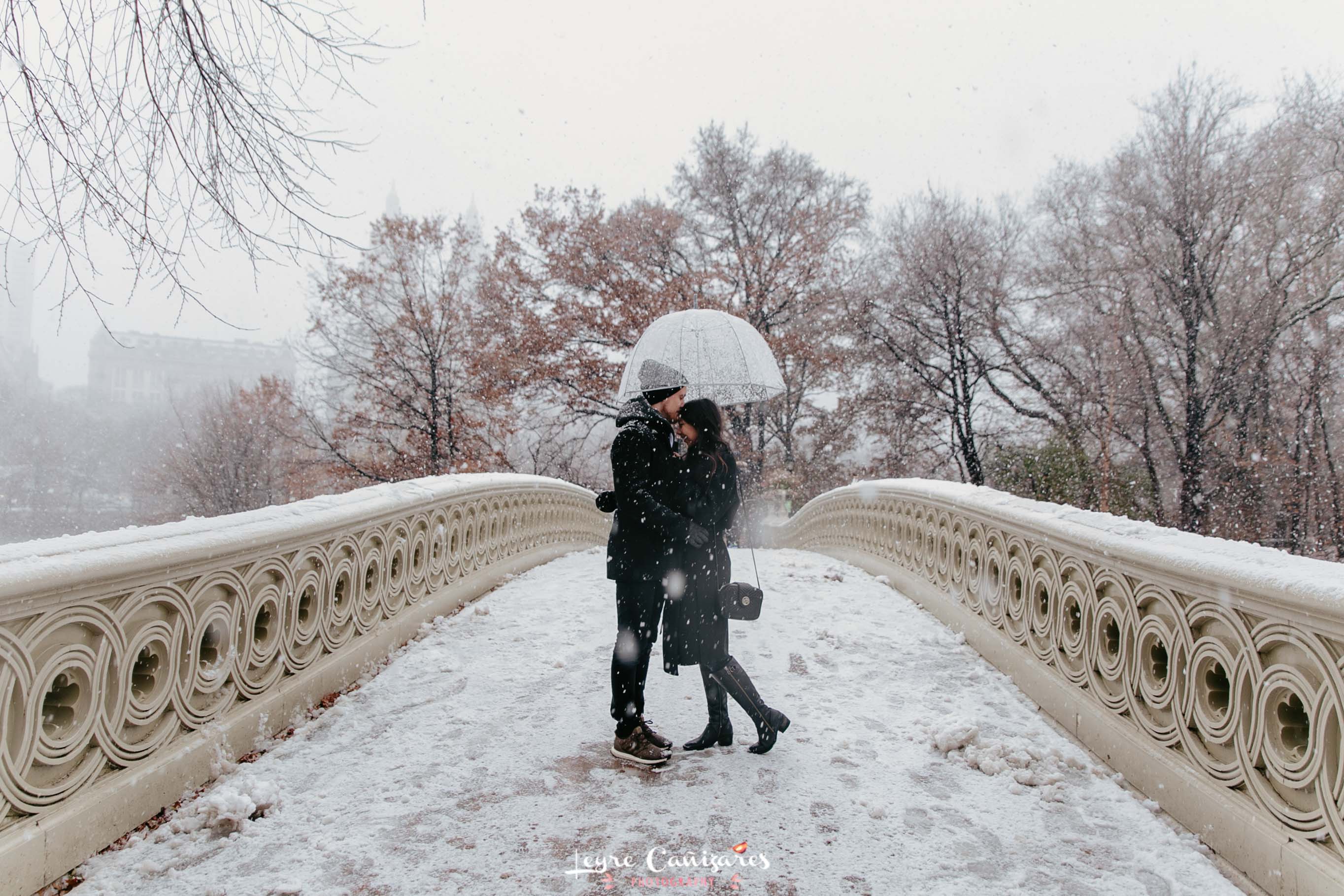 couple photoshoot in bow bridge with snow, central park