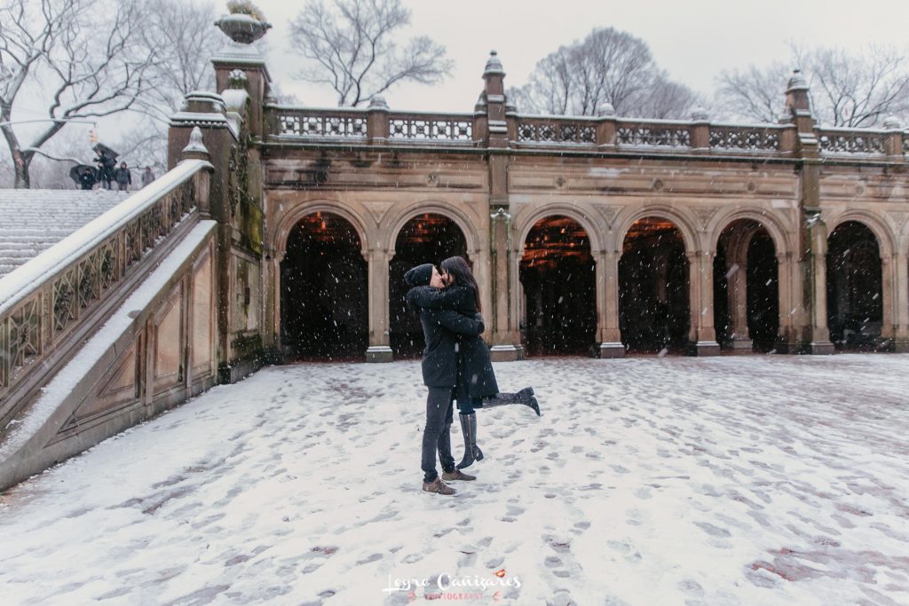 bethesda fountain engagement with snow