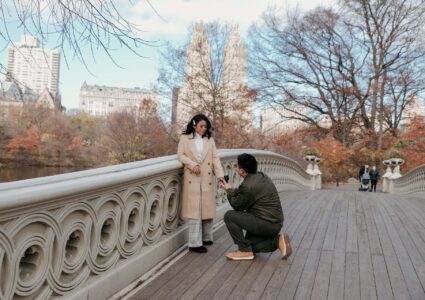 surprise proposal in the bow bridge, central park