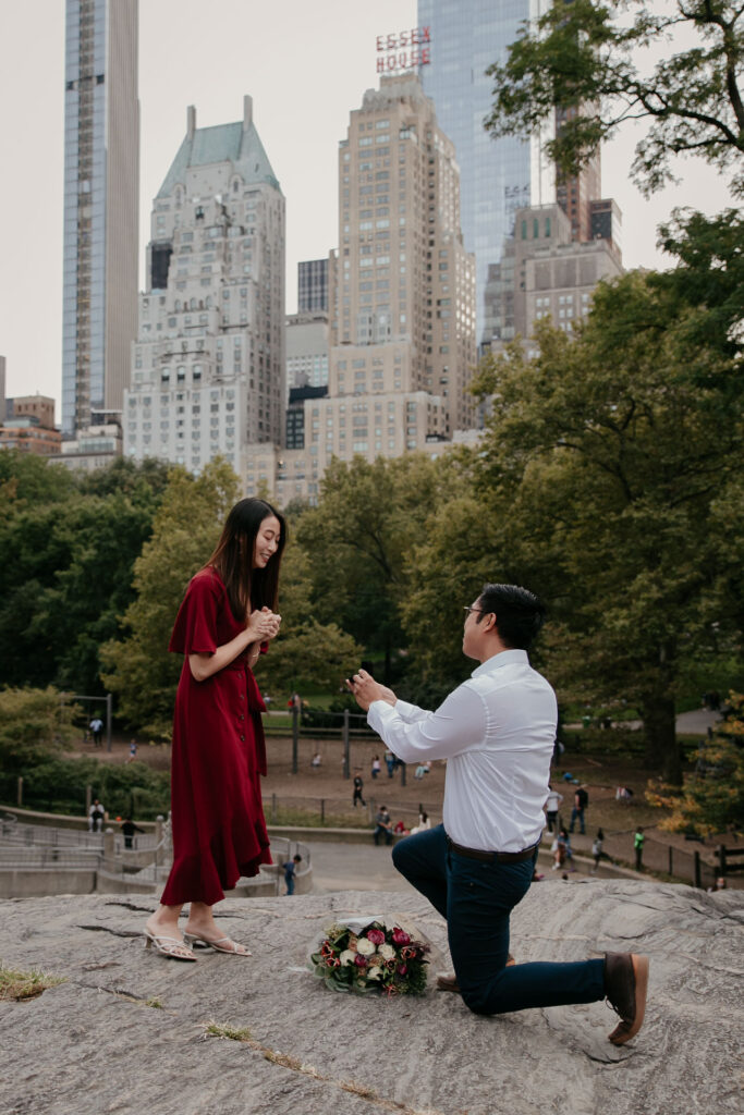 lovely and surprise proposal in the umpire rock, central park, NYC