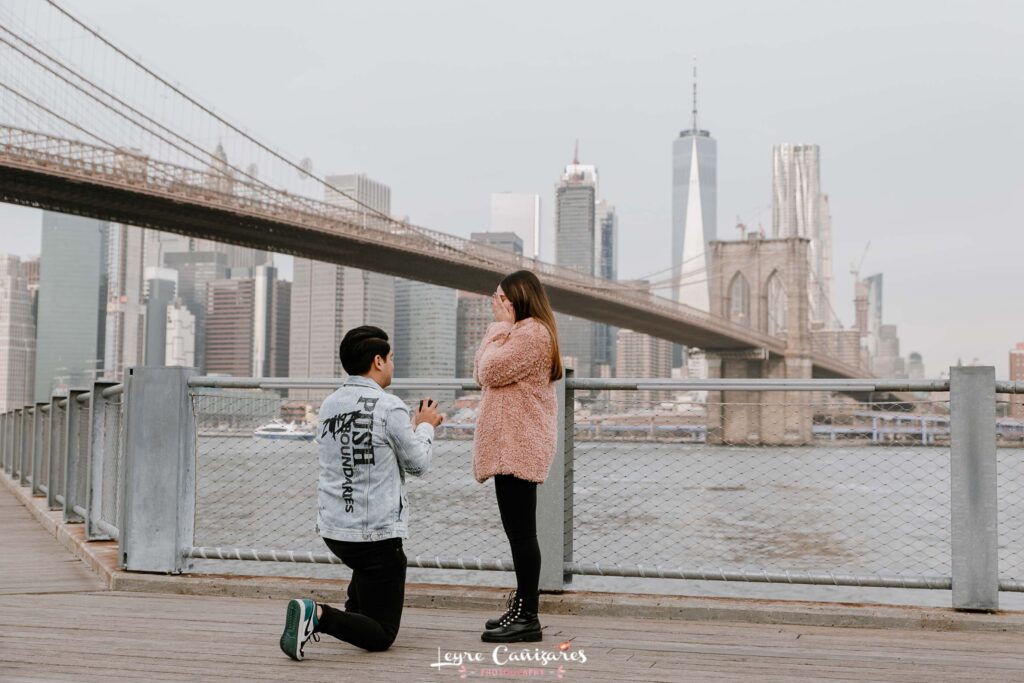 surprise proposal in dumbo park with a professional wedding photographer